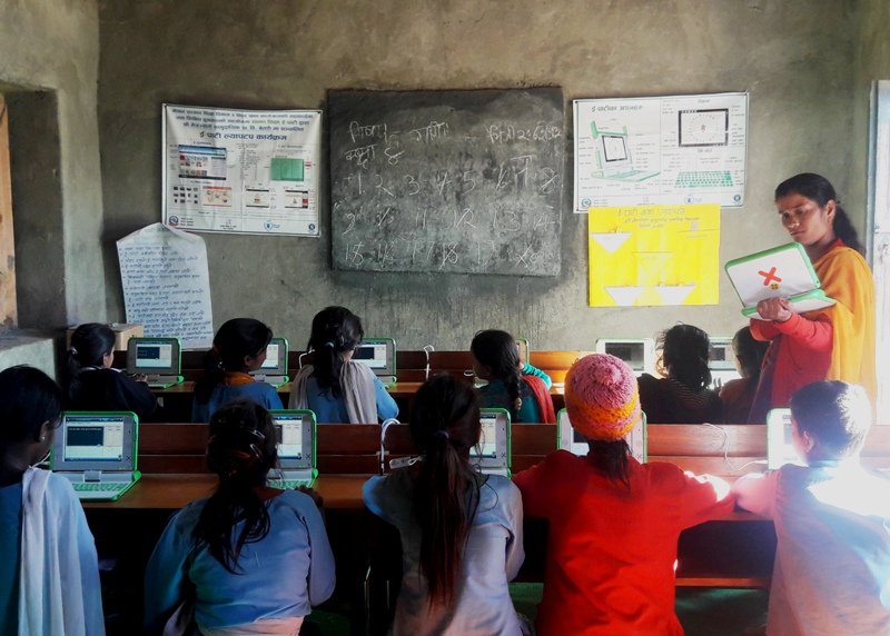 Teacher from Netra Jyoti Primary School, Melauli, teaching her students